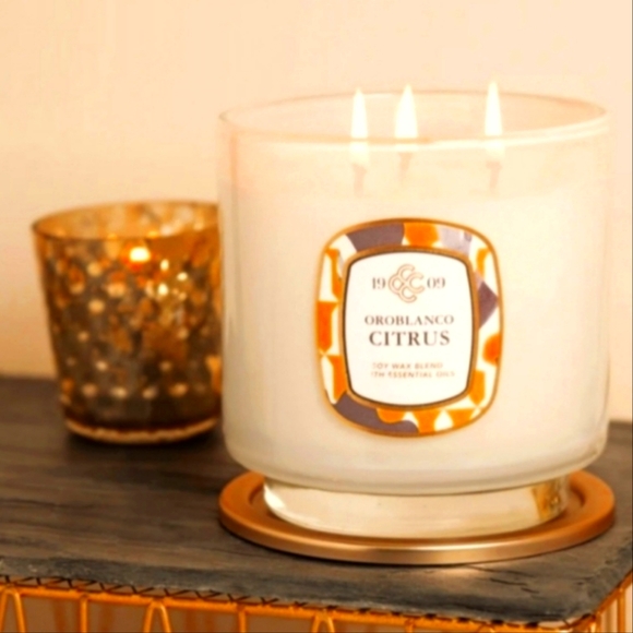 Citrus Soy Pillar Glass 3 Wick Oroblanco Candle Colonial Candle NEW IN BOX - Picture 12 of 12